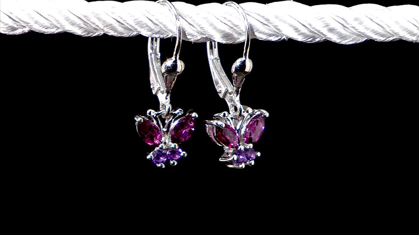 D'Joy Premium Orissa Rhodolite Garnet and African Amethyst 0.90 ctw Butterfly Earrings in Rhodium Over Sterling Silver