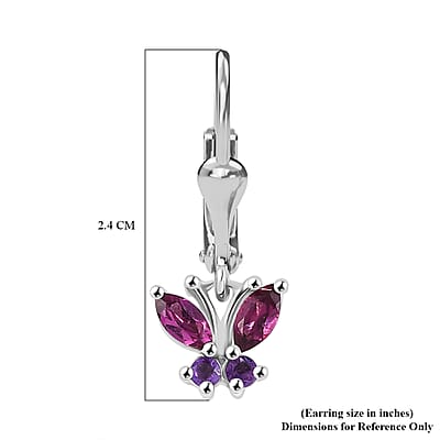 D'Joy Premium Orissa Rhodolite Garnet and African Amethyst 0.90 ctw Butterfly Earrings in Rhodium Over Sterling Silver