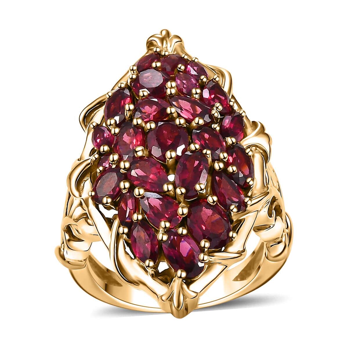 Orissa Rhodolite Garnet 6.00 ctw Crimson Bloom Ring in 18K Vermeil Yellow Gold Over Sterling Silver (Size 10.0) image number 0