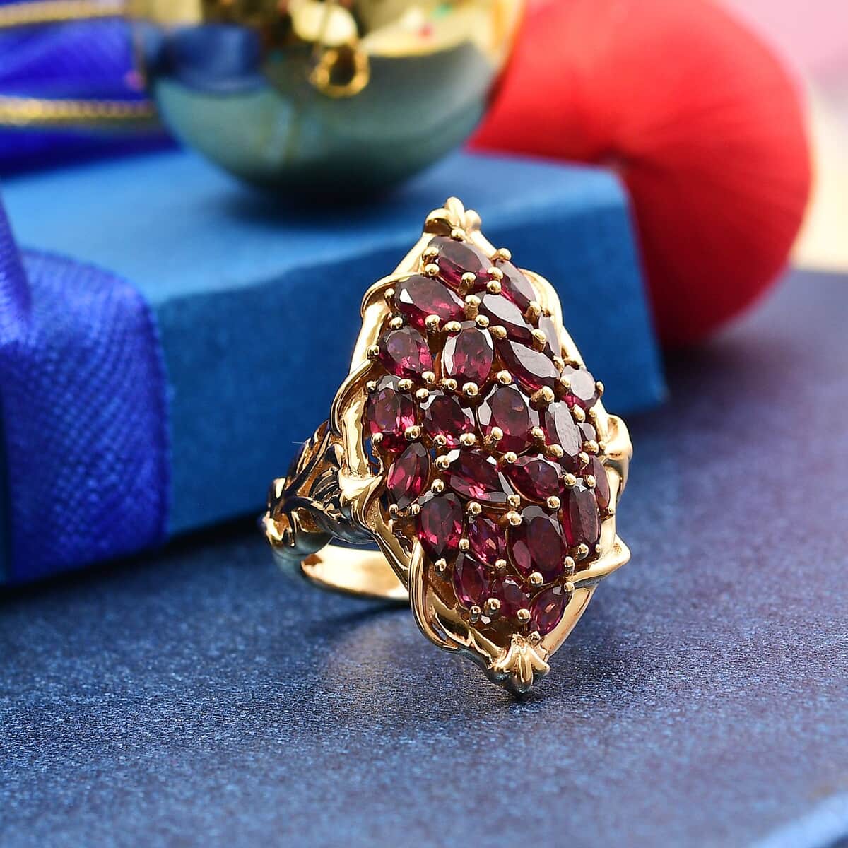 Orissa Rhodolite Garnet 6.00 ctw Crimson Bloom Ring in 18K Vermeil Yellow Gold Over Sterling Silver (Size 10.0) image number 1