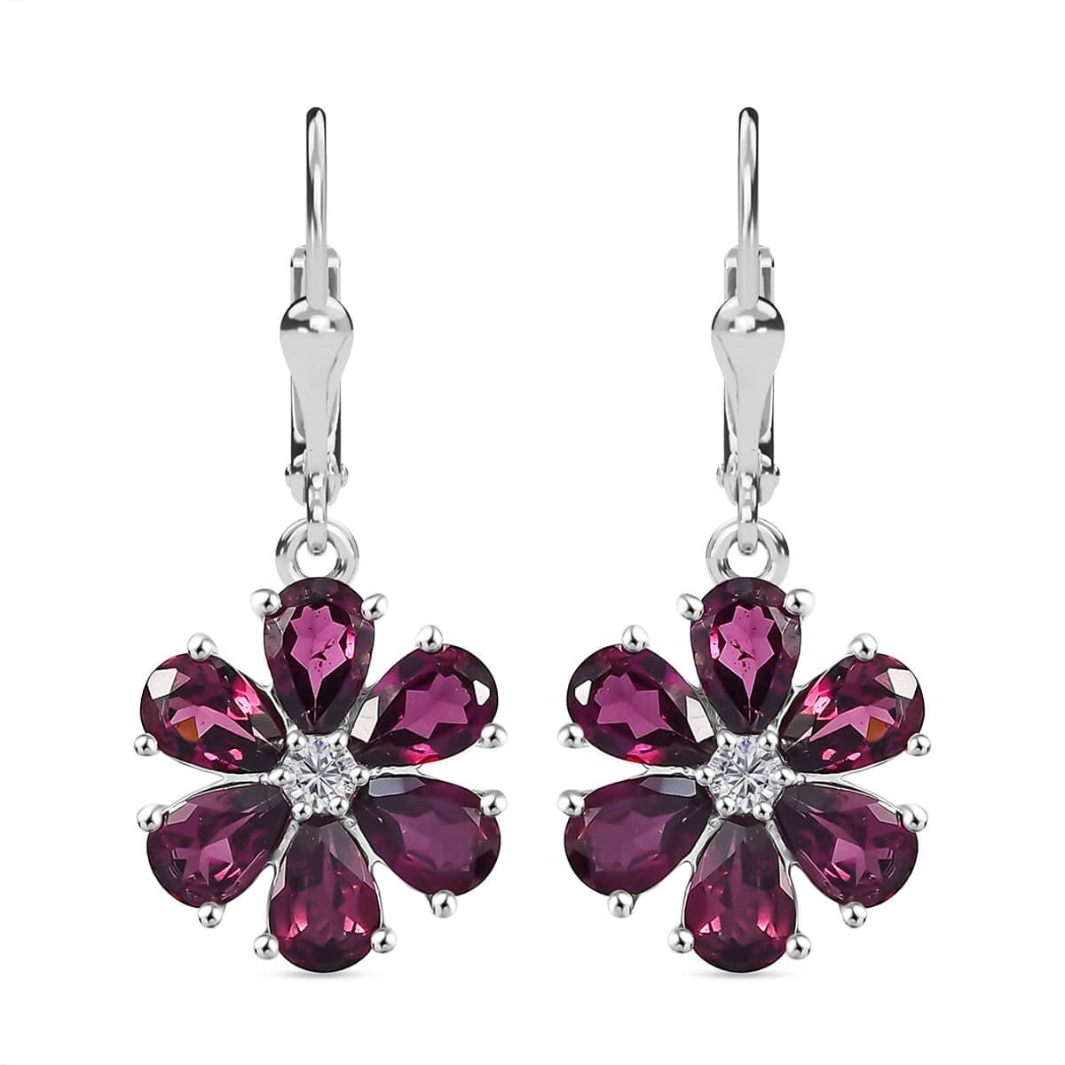 Premium Orissa Rhodolite Garnet and White Zircon 6.10 ctw Flower Earring in Rhodium Over Sterling Silver image number 0