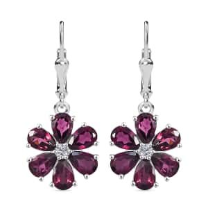 Premium Orissa Rhodolite Garnet and White Zircon 6.10 ctw Flower Earring in Rhodium Over Sterling Silver