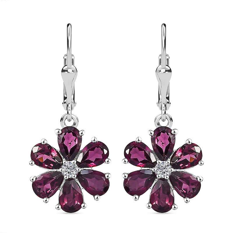 D'Joy Premium Orissa Rhodolite Garnet and White Zircon 6.10 ctw Flower Earring in Rhodium Over Sterling Silver