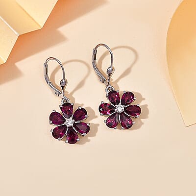 D'Joy Premium Orissa Rhodolite Garnet and White Zircon 6.10 ctw Flower Earring in Rhodium Over Sterling Silver