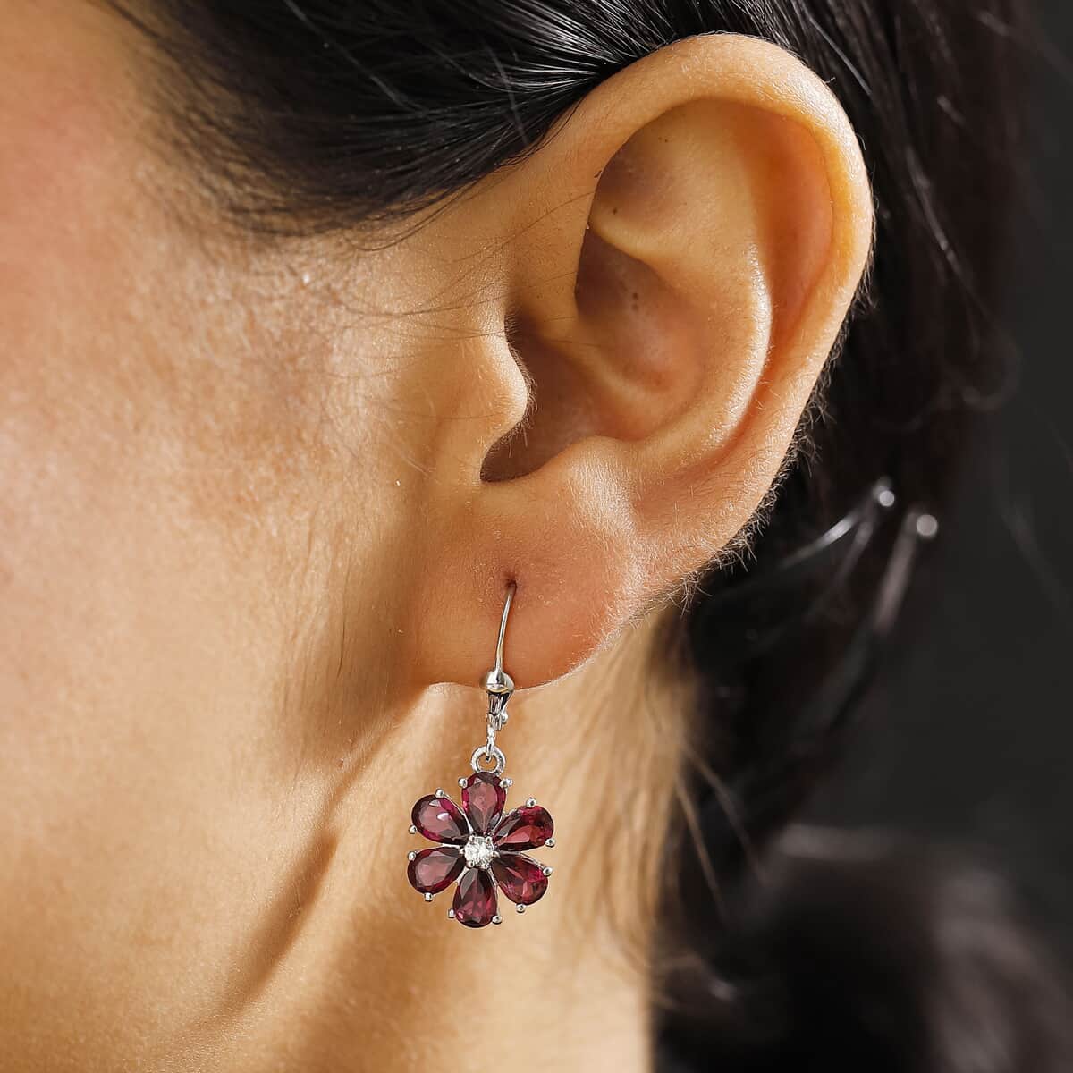 Premium Orissa Rhodolite Garnet and White Zircon 6.10 ctw Flower Earring in Rhodium Over Sterling Silver image number 2