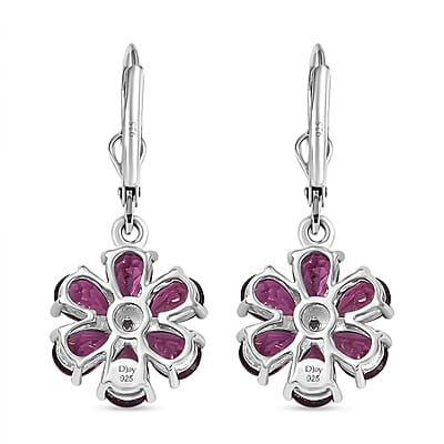 D'Joy Premium Orissa Rhodolite Garnet and White Zircon 6.10 ctw Flower Earring in Rhodium Over Sterling Silver