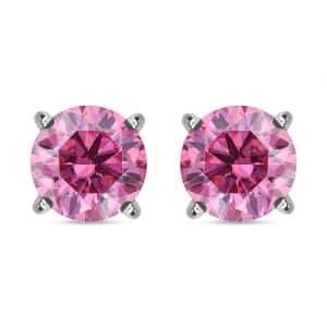 Pink Moissanite (Rnd 6mm) Solitaire Stud Earrings in Rhodium Over Sterling Silver 1.50 ctw