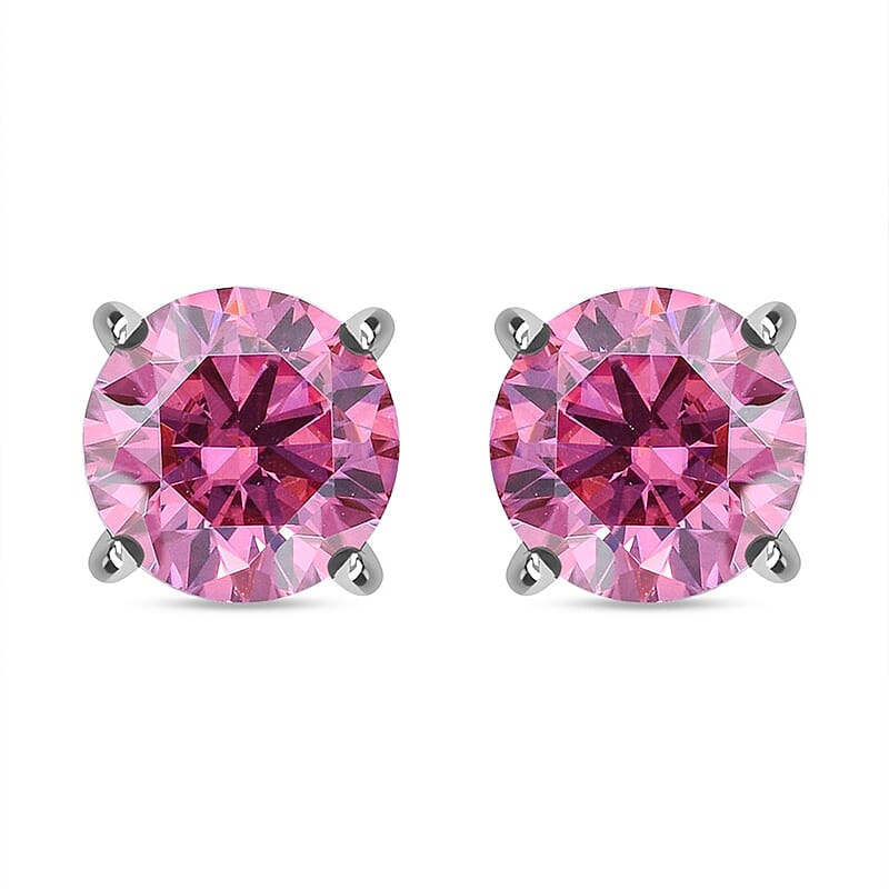 Pink Moissanite (Rnd 6mm) Solitaire Stud Earrings in Rhodium Over Sterling Silver 1.50 ctw