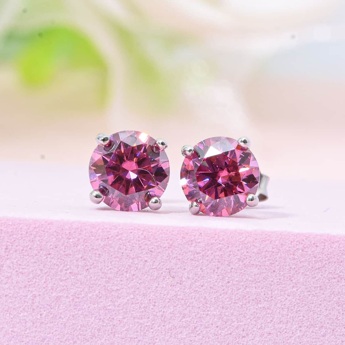 Pink Moissanite (Rnd 6mm) Solitaire Stud Earrings in Rhodium Over Sterling Silver 1.50 ctw image number 1