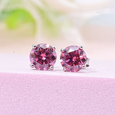 Pink Moissanite (Rnd 6mm) Solitaire Stud Earrings in Rhodium Over Sterling Silver 1.50 ctw