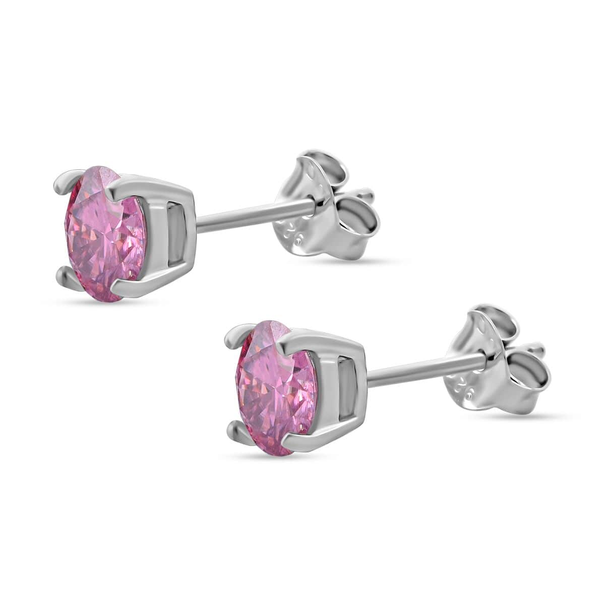 Pink Moissanite (Rnd 6mm) Solitaire Stud Earrings in Rhodium Over Sterling Silver 1.50 ctw image number 3