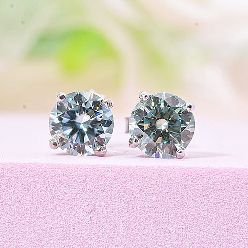 Blue Moissanite 1.50 ctw Solitaire Stud Earrings in Rhodium Over Sterling Silver