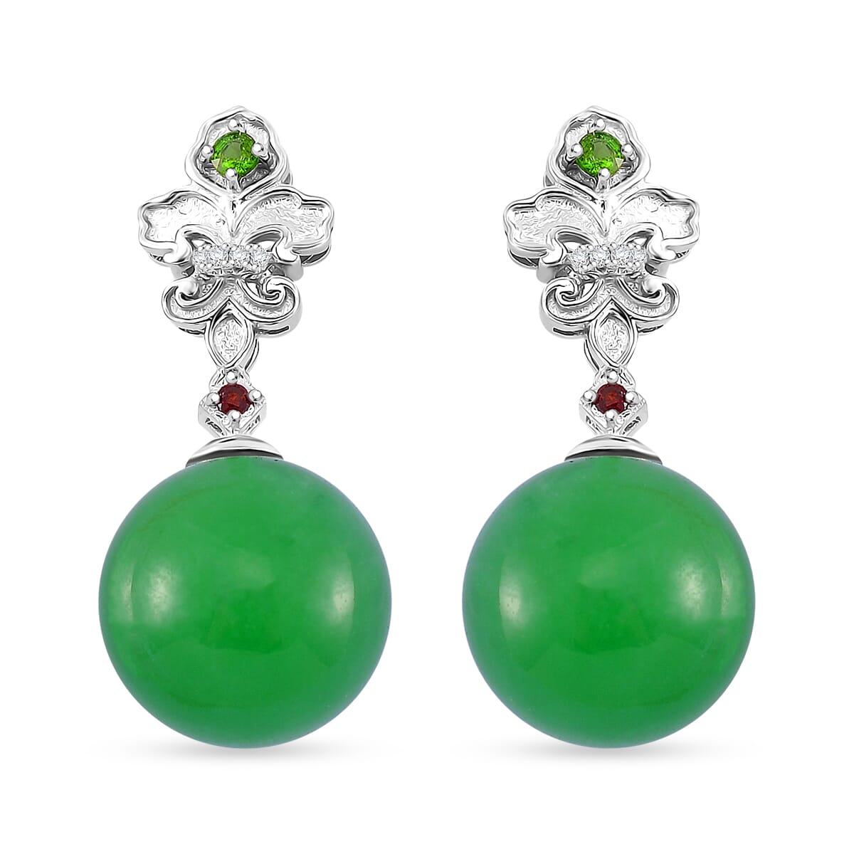 Green Jade (D) and Multi Gemstone 30.50 ctw Drop Earrings in Rhodium Over Sterling Silver image number 0