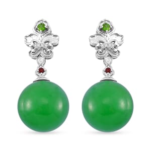 Green Jade (D) and Multi Gemstone 30.50 ctw Drop Earrings in Rhodium Over Sterling Silver