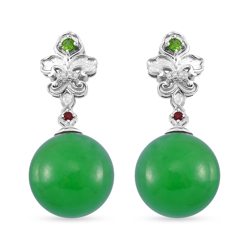Green Jade (D) and Multi Gemstone 30.50 ctw Drop Earrings in Rhodium Over Sterling Silver