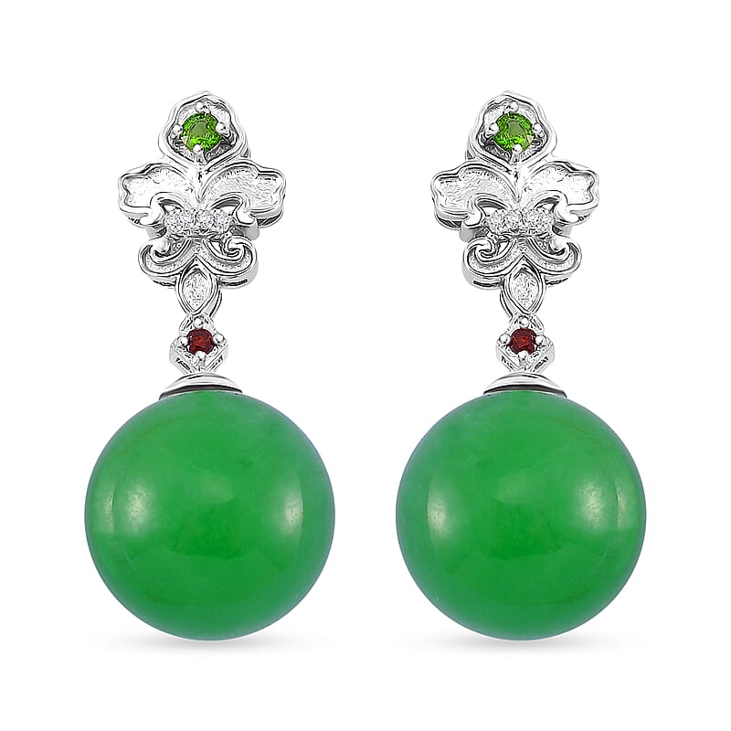 Green Jade (D) and Multi Gemstone 30.50 ctw Drop Earrings in Rhodium Over Sterling Silver