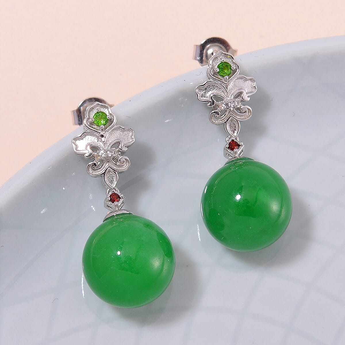 Green Jade (D) and Multi Gemstone 30.50 ctw Drop Earrings in Rhodium Over Sterling Silver image number 1