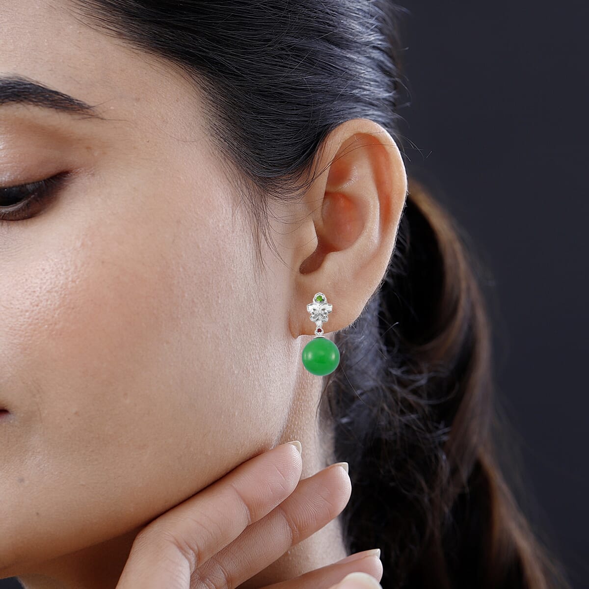 Green Jade (D) and Multi Gemstone 30.50 ctw Drop Earrings in Rhodium Over Sterling Silver image number 2