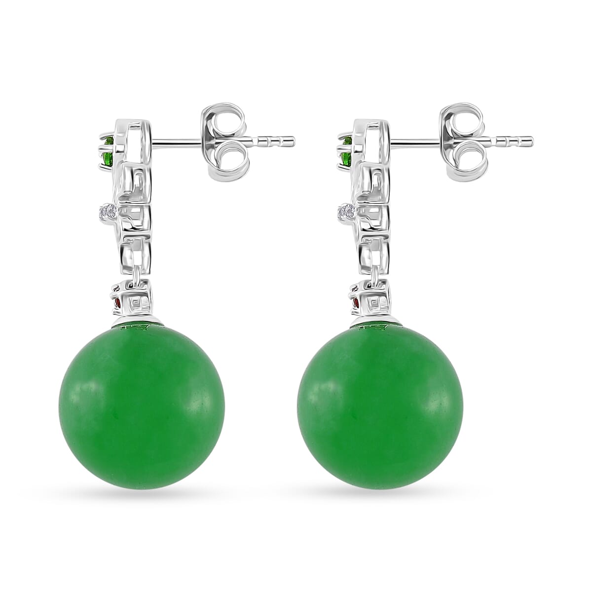 Green Jade (D) and Multi Gemstone 30.50 ctw Drop Earrings in Rhodium Over Sterling Silver image number 3