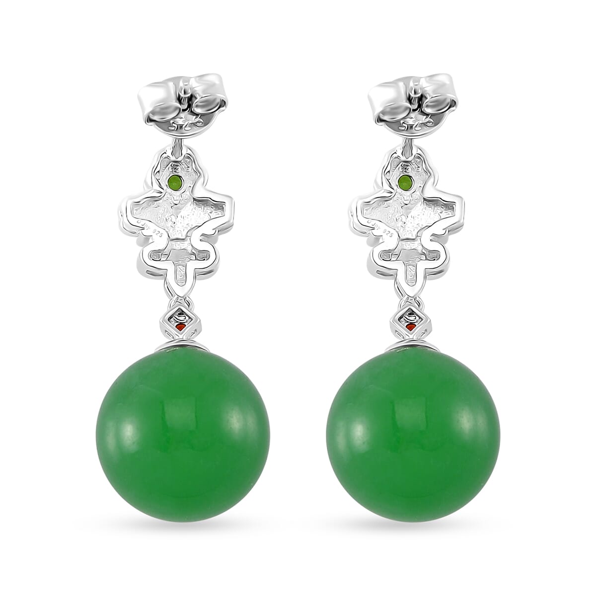 Green Jade (D) and Multi Gemstone 30.50 ctw Drop Earrings in Rhodium Over Sterling Silver image number 4