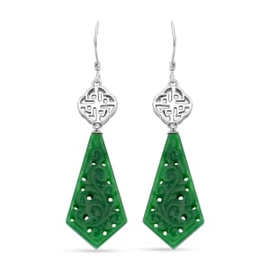 Green Jade (D) 24.40 ctw Carved Dangle Earrings in Rhodium Over Sterling Silver