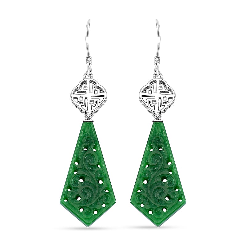 Green Jade (D) 24.40 ctw Carved Dangle Earrings in Rhodium Over Sterling Silver