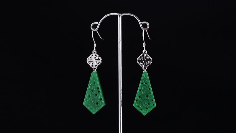 Green Jade (D) 24.40 ctw Carved Dangle Earrings in Rhodium Over Sterling Silver