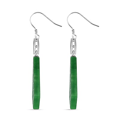 Green Jade (D) 24.40 ctw Carved Dangle Earrings in Rhodium Over Sterling Silver