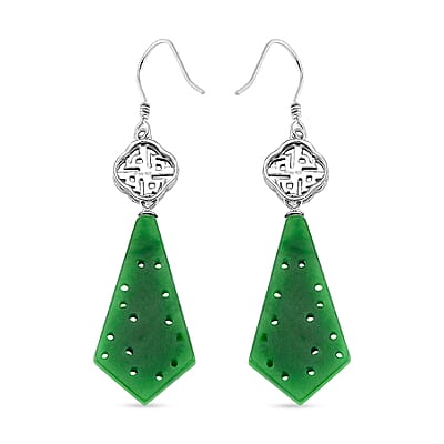 Green Jade (D) 24.40 ctw Carved Dangle Earrings in Rhodium Over Sterling Silver