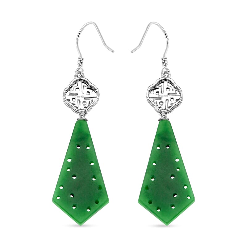 Green Jade (D) 24.40 ctw Carved Dangle Earrings in Rhodium Over Sterling Silver