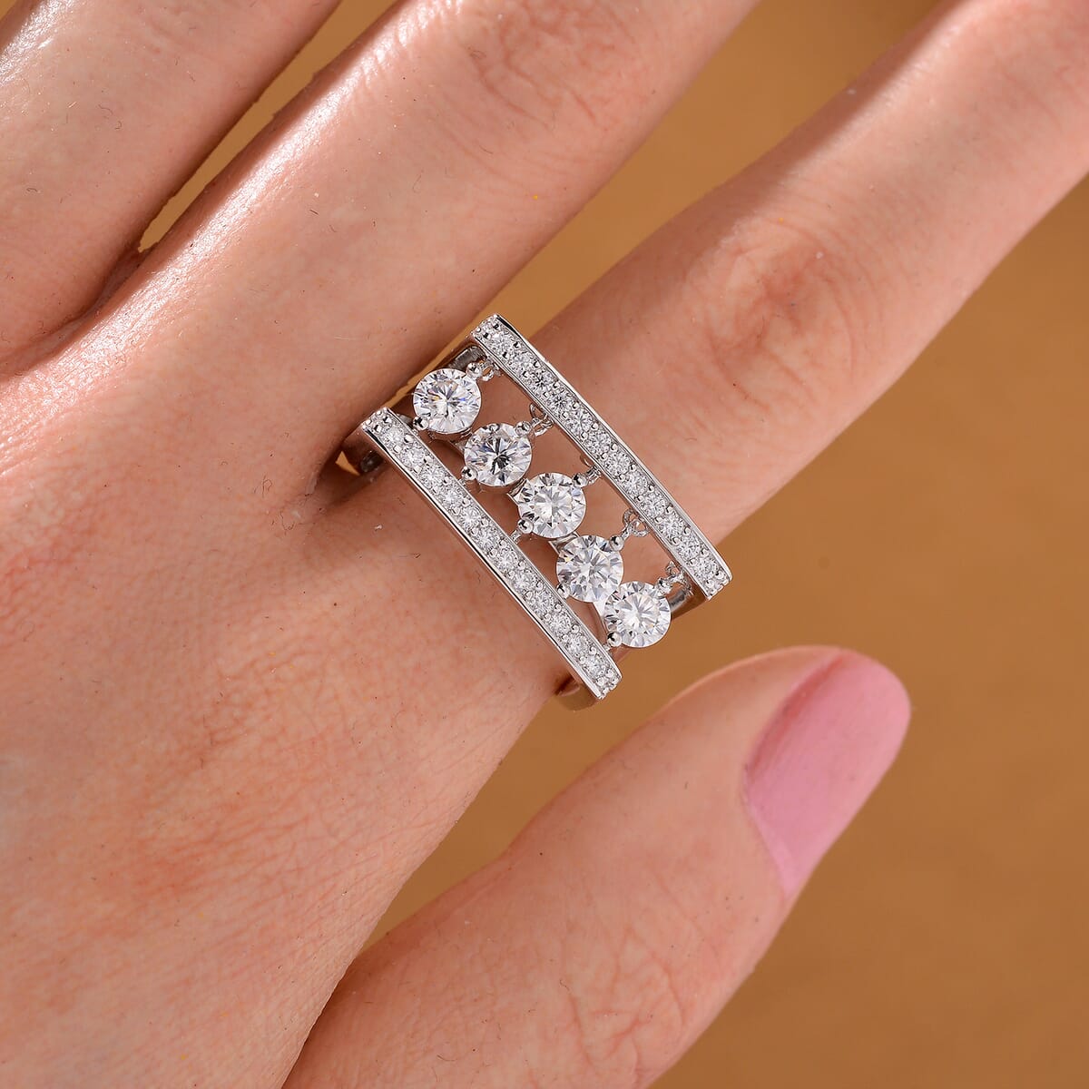 Dancing Moissanite 1.75 ctw Ring in Rhodium Over Sterling Silver (Size 8.0) image number 1