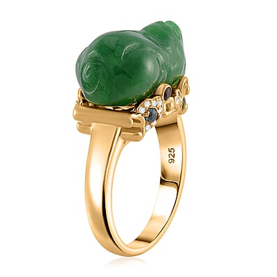 Green Jade Carved (D) 22.30 ctw and Multi Gemstone Pixiu Ring in 18K Vermeil Yellow Gold Over Sterling Silver (Size 10.0)