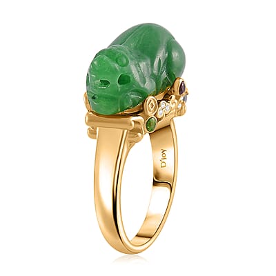 Green Jade Carved (D) 22.30 ctw and Multi Gemstone Pixiu Ring in 18K Vermeil Yellow Gold Over Sterling Silver (Size 10.0)