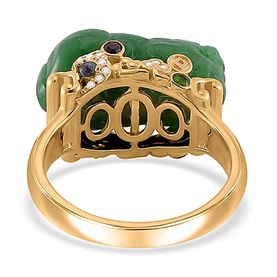 Green Jade Carved (D) 22.30 ctw and Multi Gemstone Pixiu Ring in 18K Vermeil Yellow Gold Over Sterling Silver (Size 10.0)