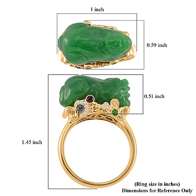 Green Jade Carved (D) 22.30 ctw and Multi Gemstone Pixiu Ring in 18K Vermeil Yellow Gold Over Sterling Silver (Size 10.0)