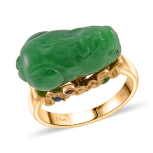 Green Jade Carved (D) 22.30 ctw and Multi Gemstone Pixiu Ring in 18K Vermeil Yellow Gold Over Sterling Silver (Size 6.0)