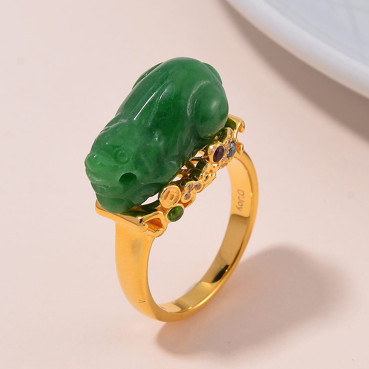 Green Jade Carved (D) 22.30 ctw and Multi Gemstone Pixiu Ring in 18K Vermeil Yellow Gold Over Sterling Silver (Size 6.0) image number 1