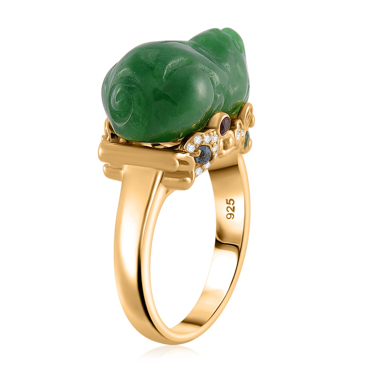 Green Jade Carved (D) 22.30 ctw and Multi Gemstone Pixiu Ring in 18K Vermeil Yellow Gold Over Sterling Silver (Size 6.0) image number 3