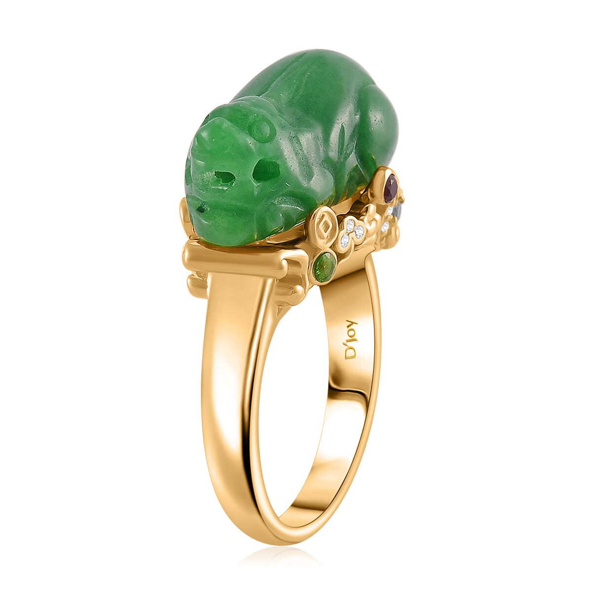 Green Jade Carved (D) 22.30 ctw and Multi Gemstone Pixiu Ring in 18K Vermeil Yellow Gold Over Sterling Silver (Size 6.0) image number 4