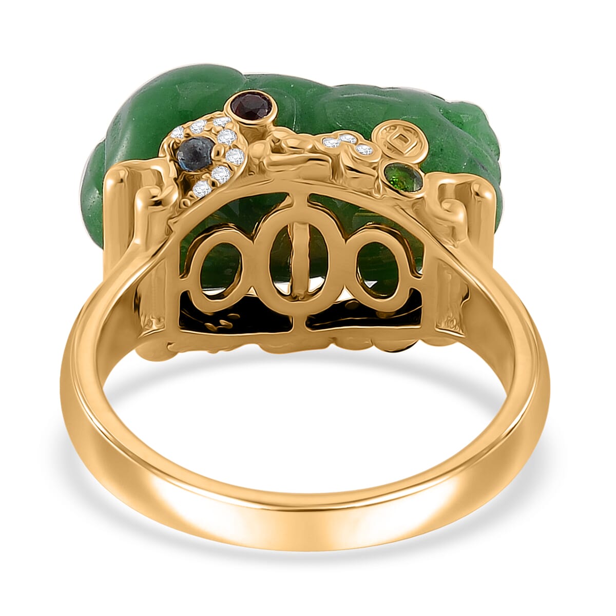 Green Jade Carved (D) 22.30 ctw and Multi Gemstone Pixiu Ring in 18K Vermeil Yellow Gold Over Sterling Silver (Size 6.0) image number 5