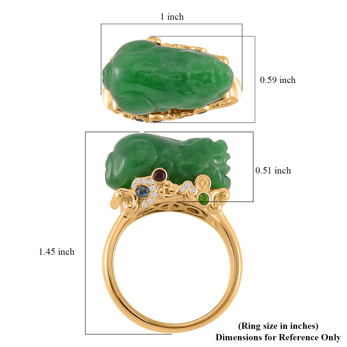 Green Jade Carved (D) 22.30 ctw and Multi Gemstone Pixiu Ring in 18K Vermeil Yellow Gold Over Sterling Silver (Size 6.0) image number 6