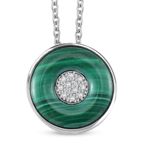 African Malachite and White Zircon 6.35 ctw Orbit Necklace in Rhodium Over Sterling Silver 18 Inches
