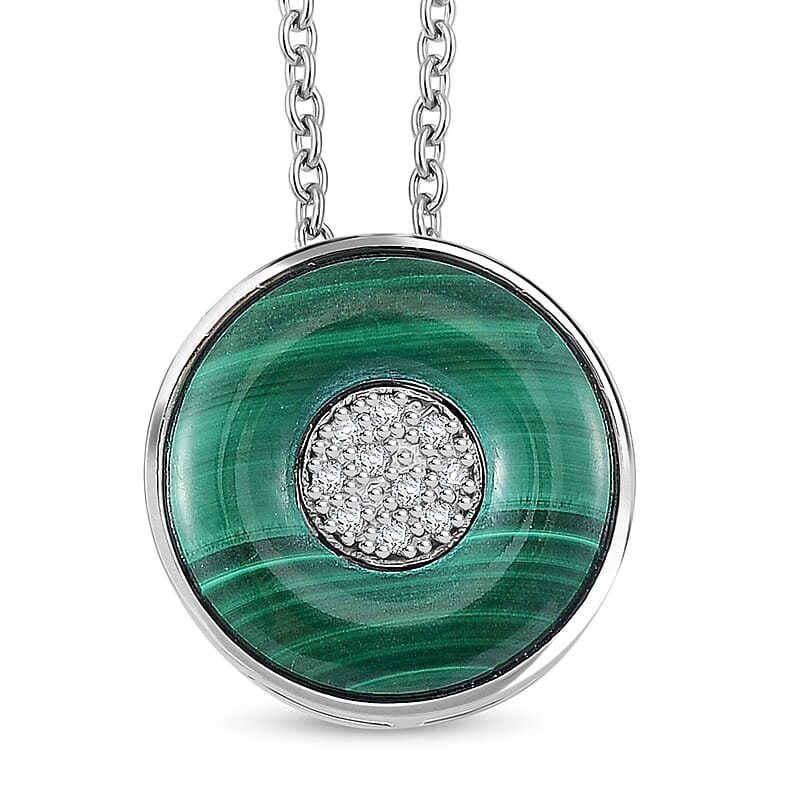 African Malachite and White Zircon 6.35 ctw Orbit Necklace in Rhodium Over Sterling Silver 18 Inches