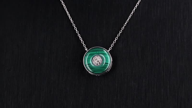 African Malachite and White Zircon 6.35 ctw Orbit Necklace in Rhodium Over Sterling Silver 18 Inches