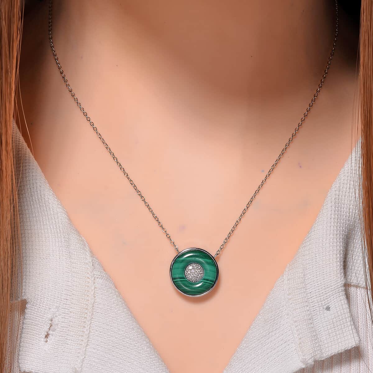 African Malachite and White Zircon 6.35 ctw Orbit Necklace in Rhodium Over Sterling Silver 18 Inches image number 1