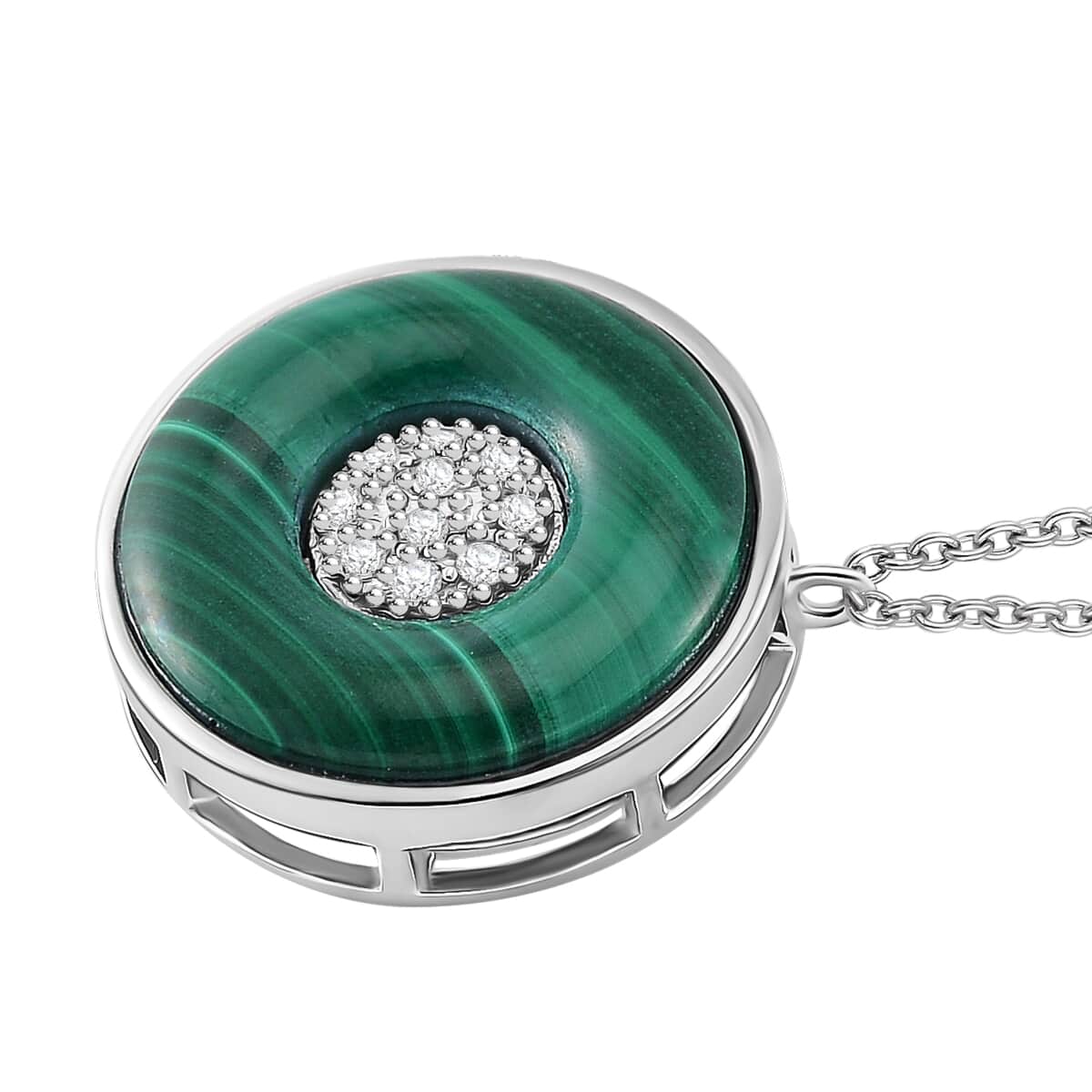 African Malachite and White Zircon 6.35 ctw Orbit Necklace in Rhodium Over Sterling Silver 18 Inches image number 2