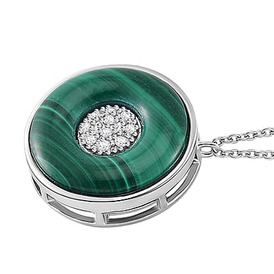 African Malachite and White Zircon 6.35 ctw Orbit Necklace in Rhodium Over Sterling Silver 18 Inches