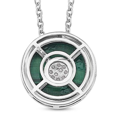African Malachite and White Zircon 6.35 ctw Orbit Necklace in Rhodium Over Sterling Silver 18 Inches