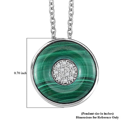 African Malachite and White Zircon 6.35 ctw Orbit Necklace in Rhodium Over Sterling Silver 18 Inches