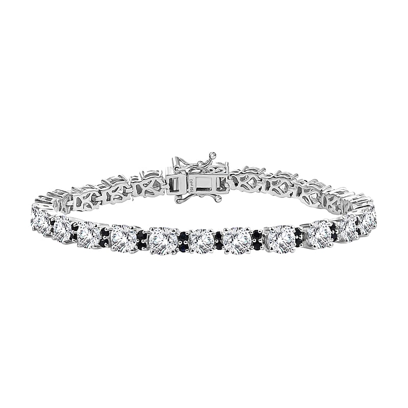 D'Joy Moissanite and Madagascar Blue Sapphire 11.75 ctw Moonlit Tennis Bracelet in Rhodium Over Sterling Silver (7.25 In)
